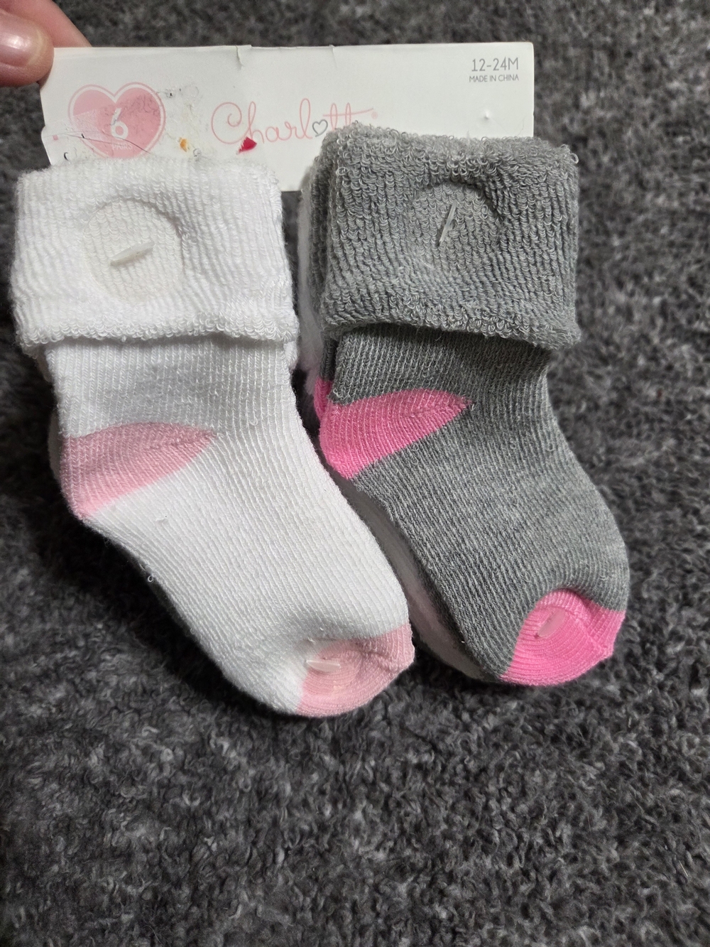 Charlotte Baby Girls' Pink & Gray Heart Socks - 12-24M